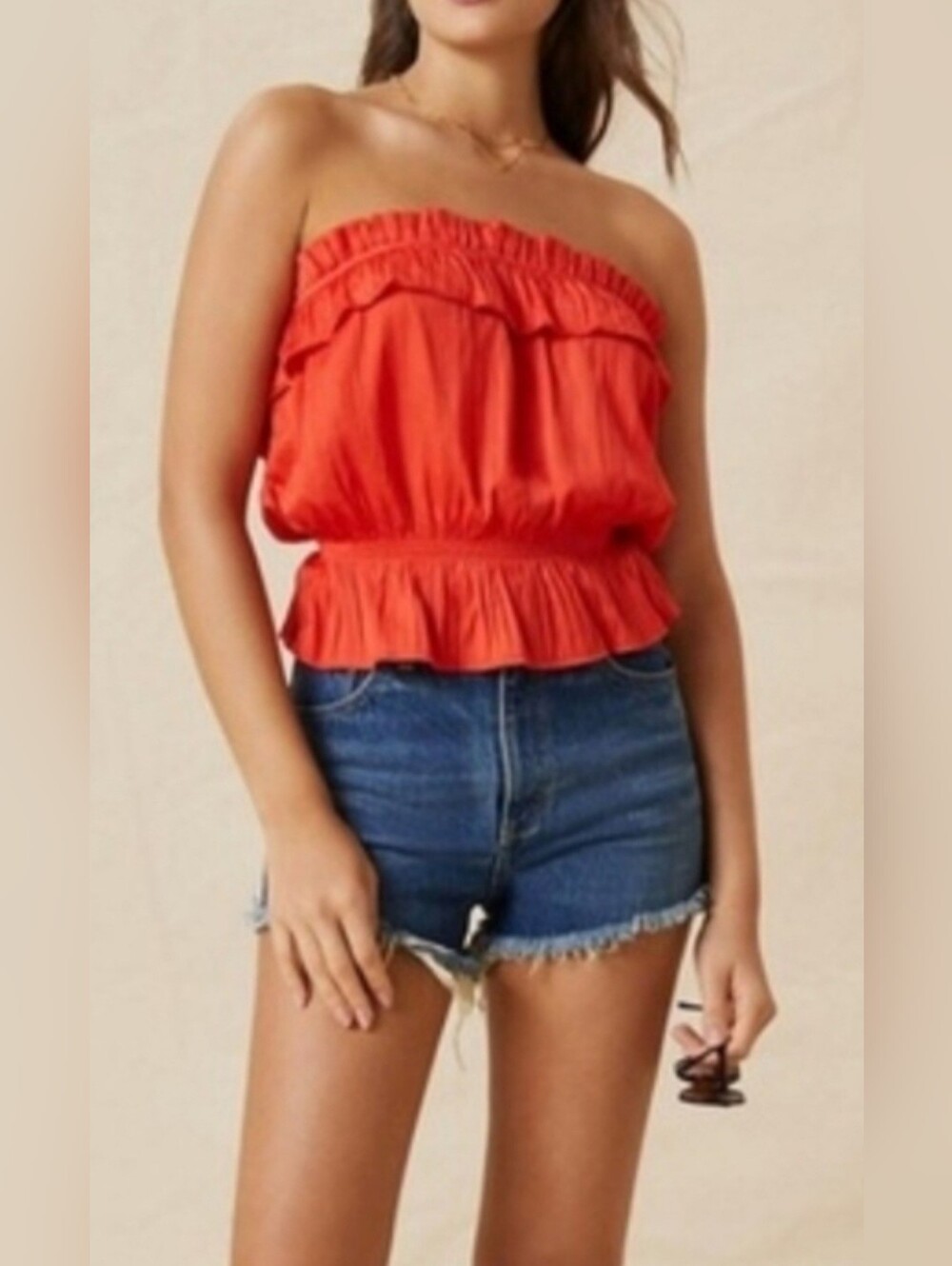 ​NWT Anthropologie Red Coral Papaya Ruffle Smocked Tube Top XL